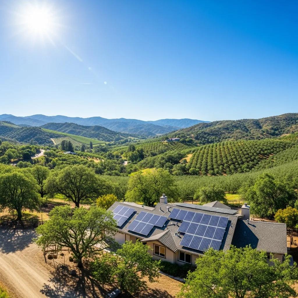 Solar panels on a rural home in Julian, CA, highlighting the region's sunny climate and apple orchards