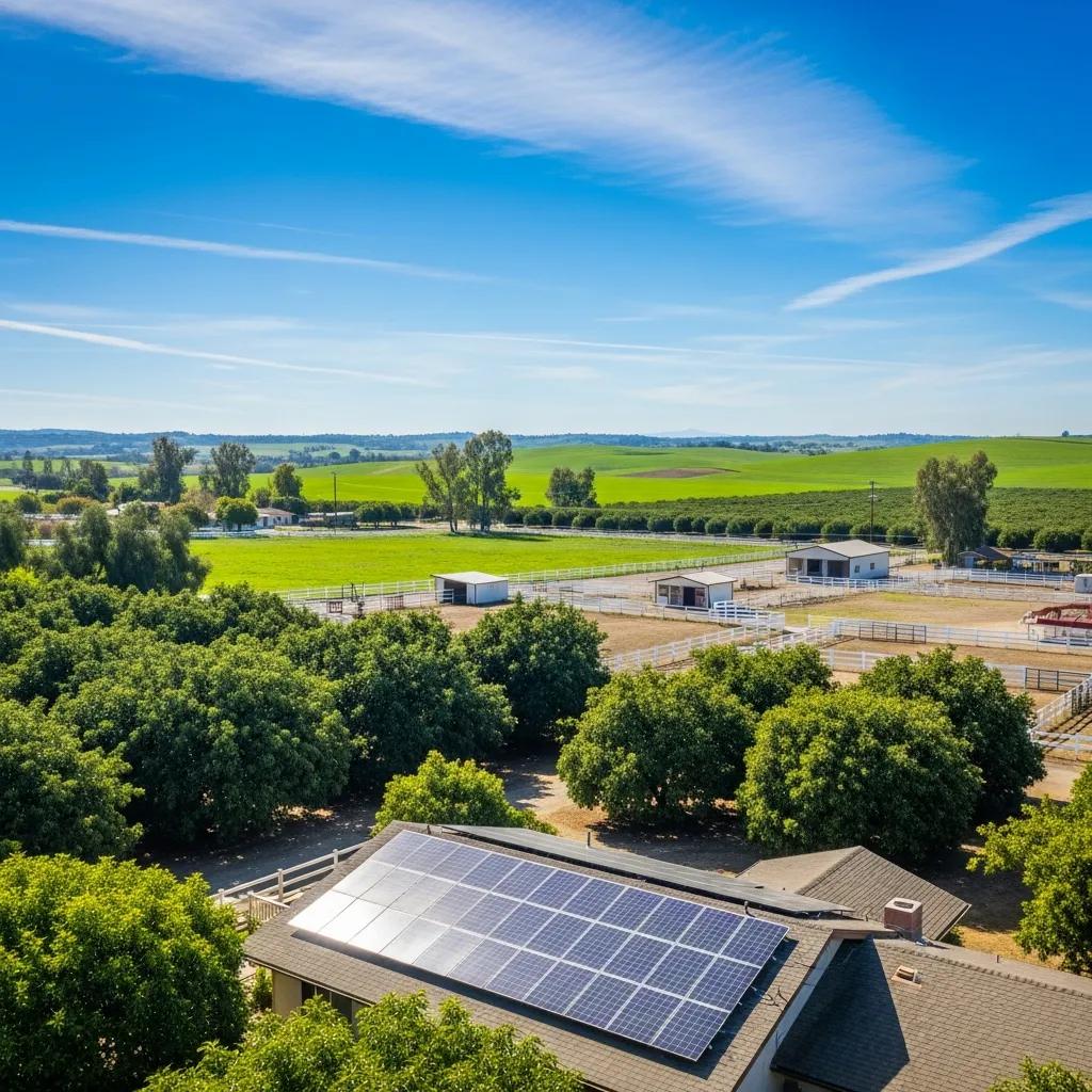Solar panels on a rural property in Valley Center, CA, highlighting the region's sunny climate and agricultural landscape