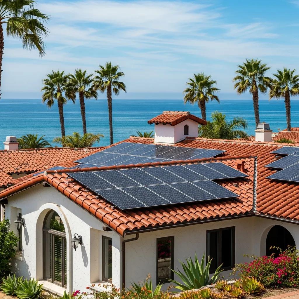 Solar panels on a Spanish-style home in San Clemente, CA, highlighting coastal climate and solar energy integration