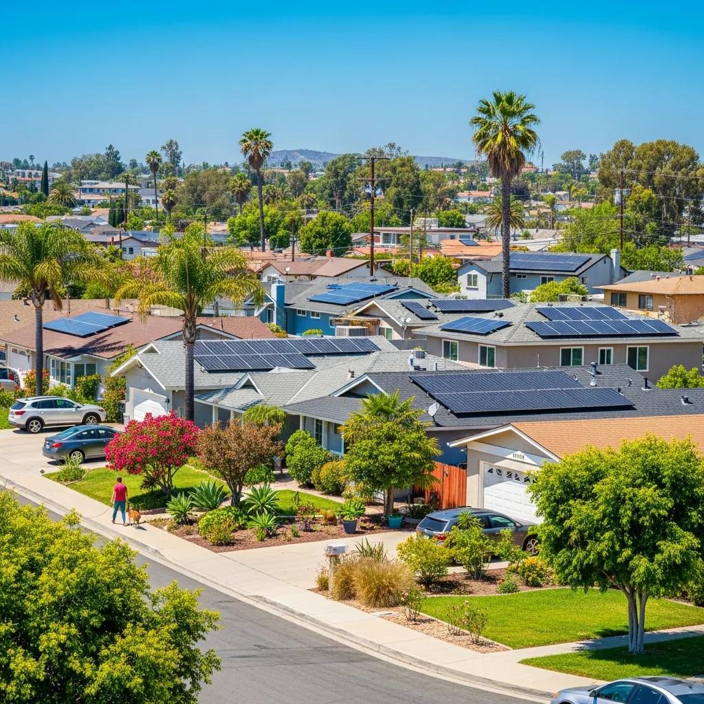 Sunny residential area in Spring Valley, CA with solar panels on rooftops
