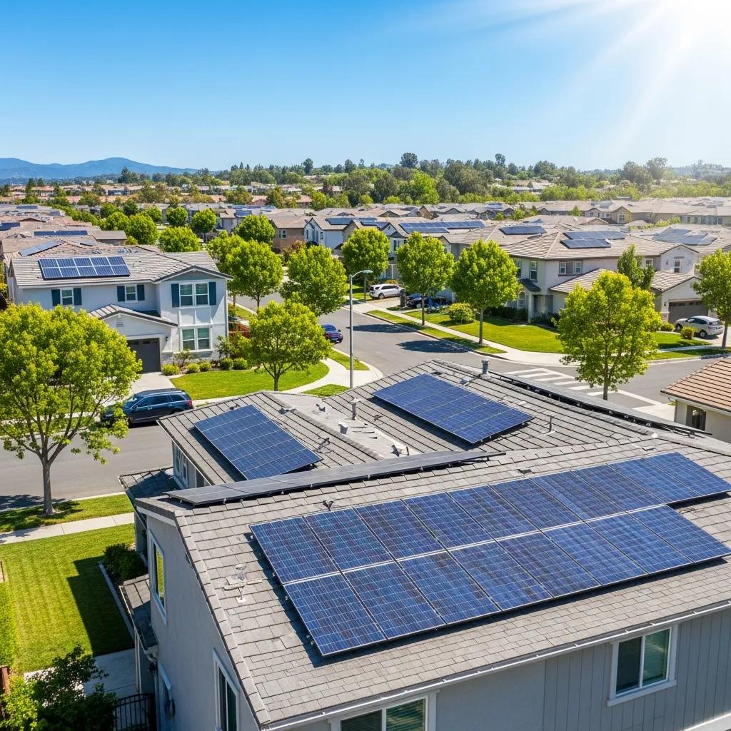 Sunny residential neighborhood in Lake Forest, CA with solar panels on homes