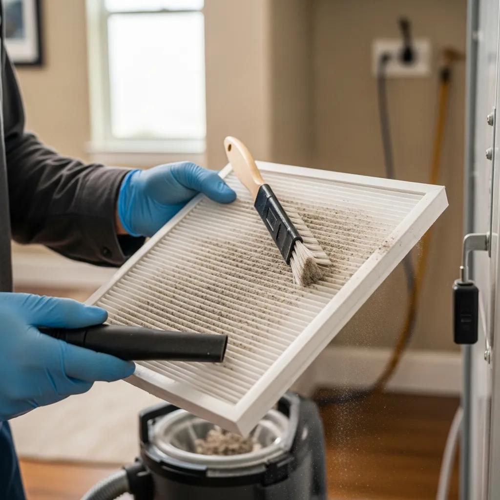 Technician cleaning an HVAC air filter in a Julian, CA home, showcasing maintenance practices