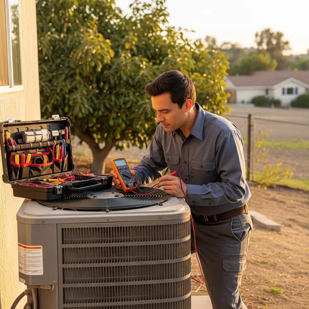 Technician inspecting air conditioning unit in Valley Center CA