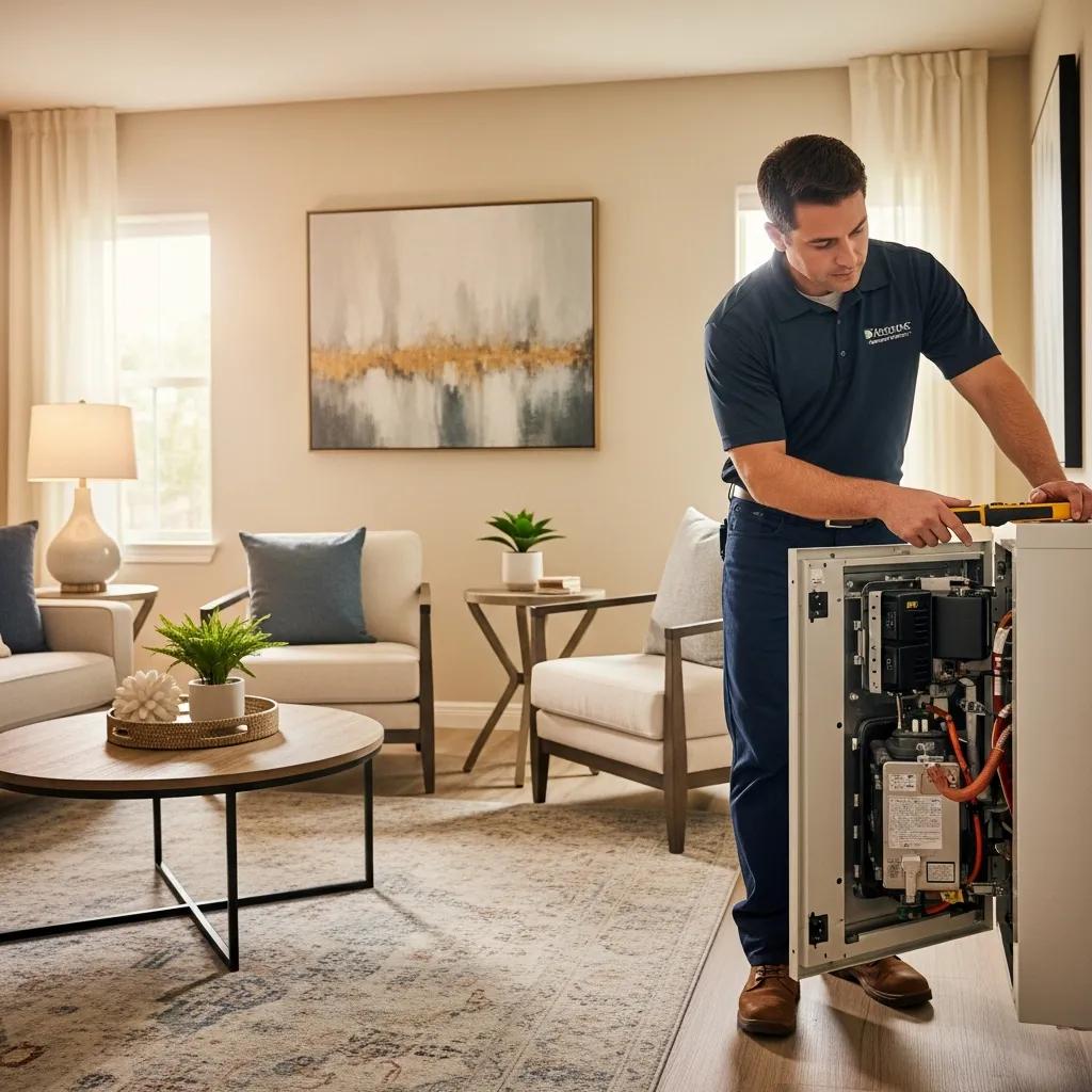 Technician inspecting heating system in a cozy San Diego home