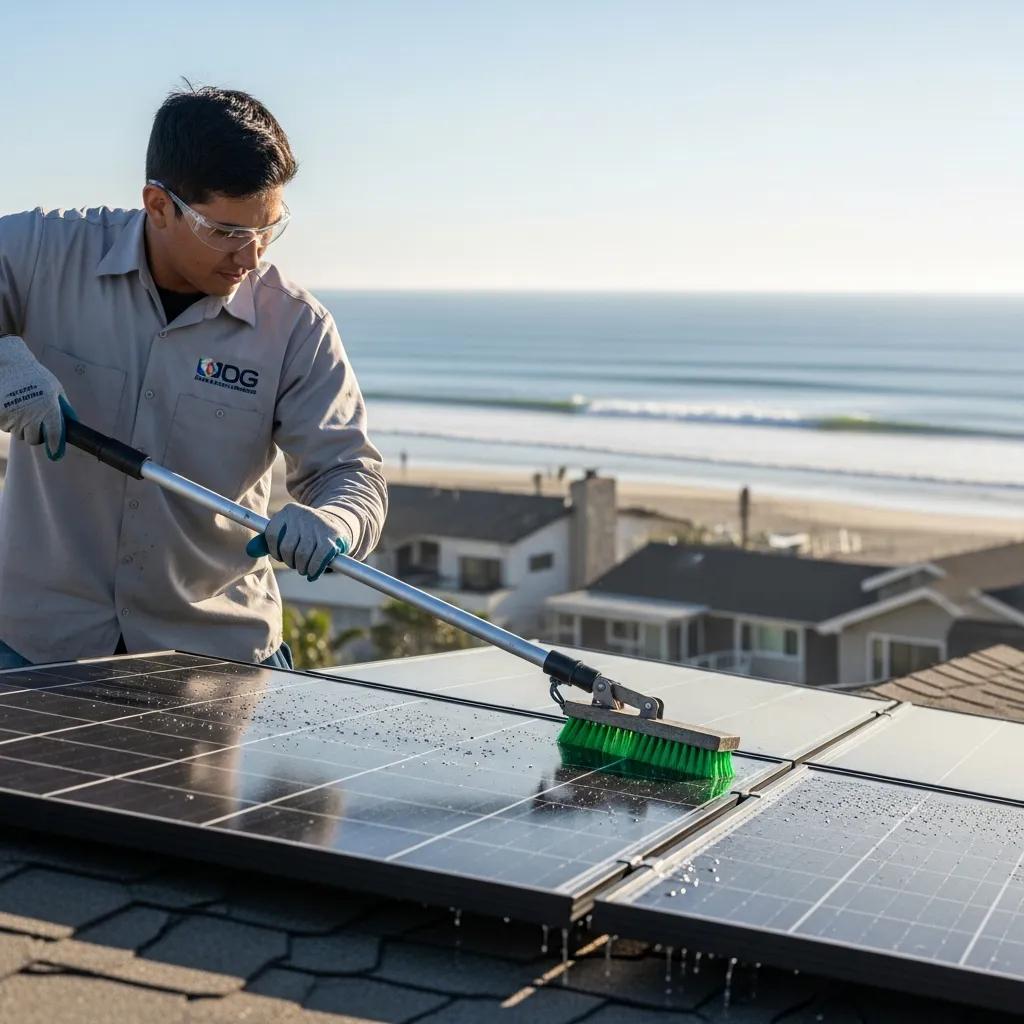 Technician maintaining solar panels on a coastal home, illustrating solar panel upkeep and efficiency