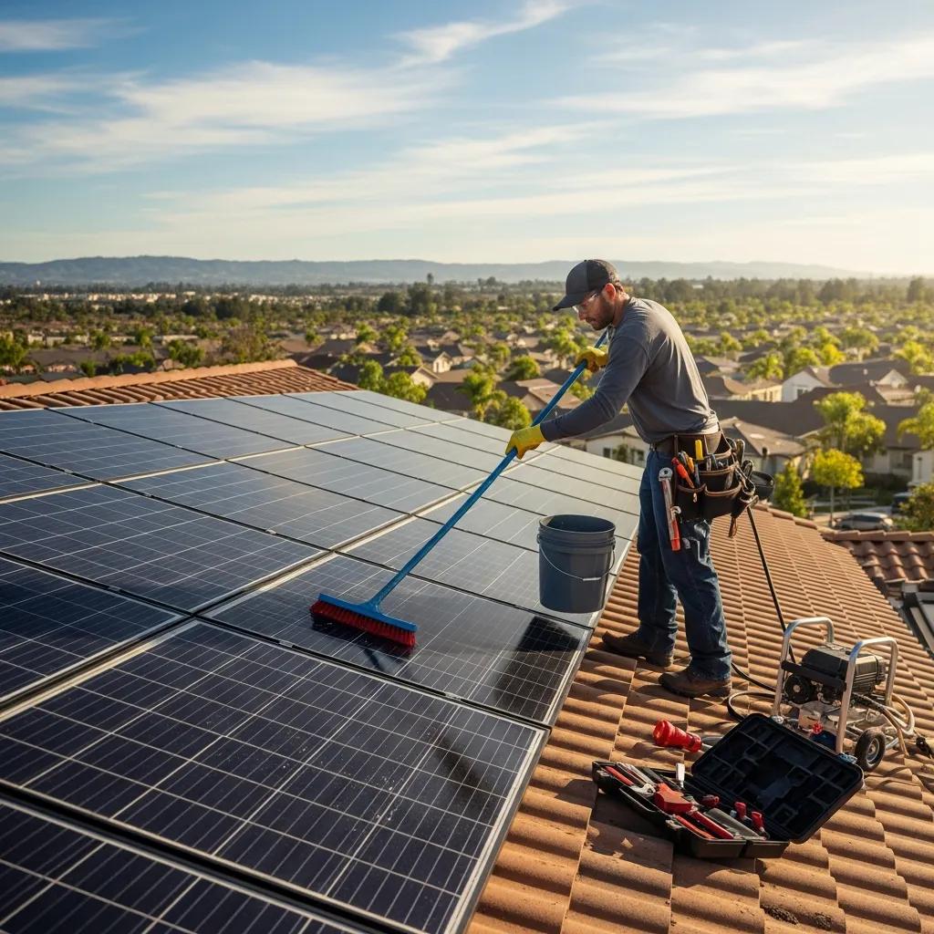 Technician maintaining solar panels on a residential roof, emphasizing the importance of solar system upkeep