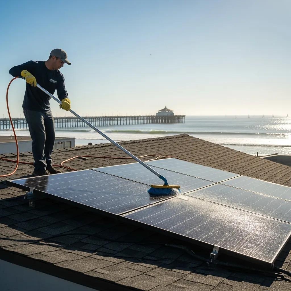 Technician maintaining solar panels on a roof in Imperial Beach, with the IB Pier area in the background