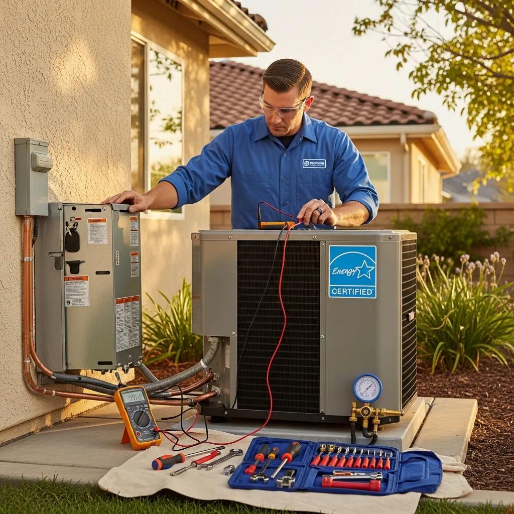 Technician performing maintenance on an energy-efficient HVAC system in a Poway home, highlighting the importance of regular upkeep