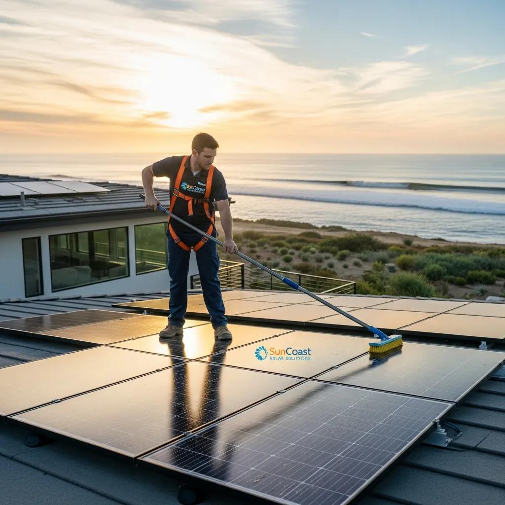 Technician performing maintenance on solar panels at a Capistrano Beach home, highlighting the importance of upkeep