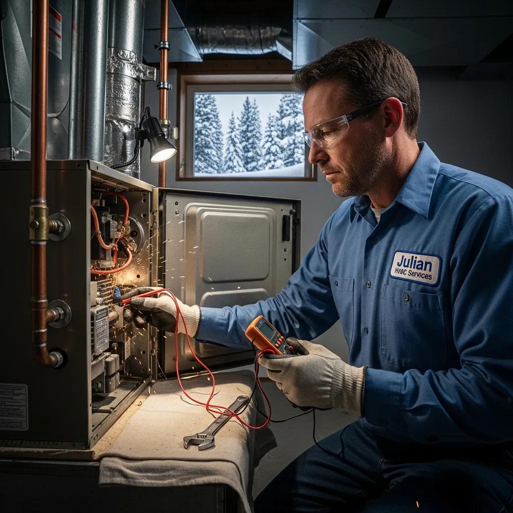 Technician repairing a furnace in a Julian, CA home, emphasizing heating repair services