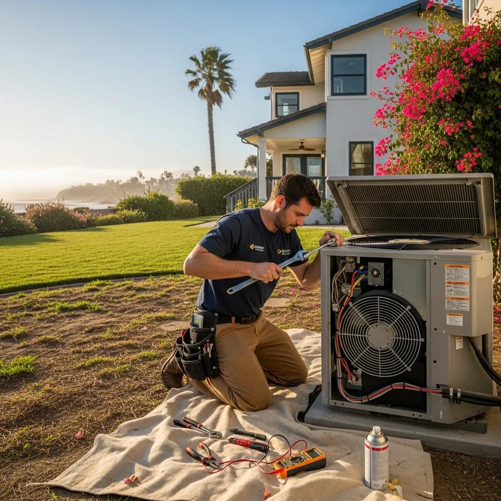 Technician repairing air conditioning unit in Oceanside, CA, showcasing HVAC repair services