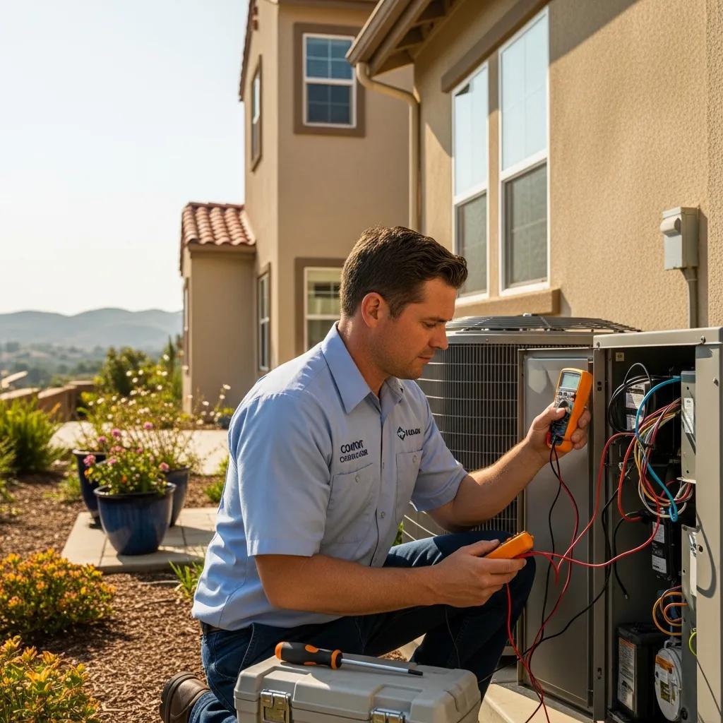 Technician repairing air conditioning unit in Vista CA home