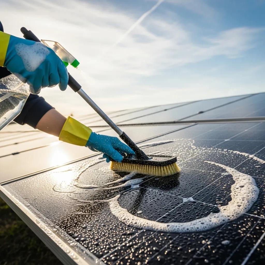 Technician using specialized equipment for safe solar panel cleaning