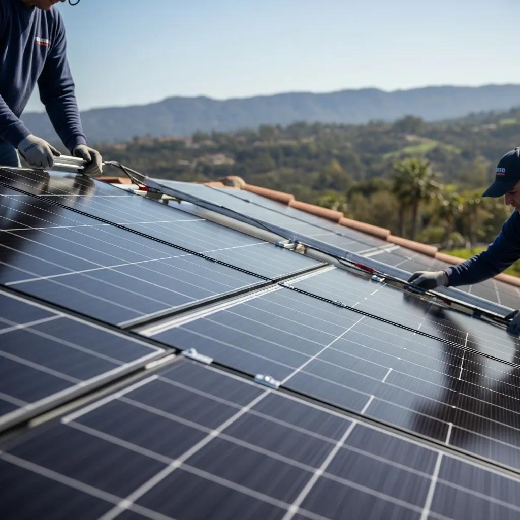 Technicians installing high-efficiency solar panels on a luxury home in Rancho Santa Fe