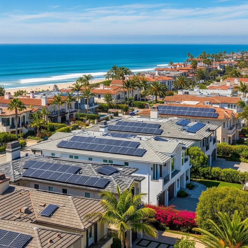 Upscale homes in Newport Beach, CA with solar panels under bright sunlight