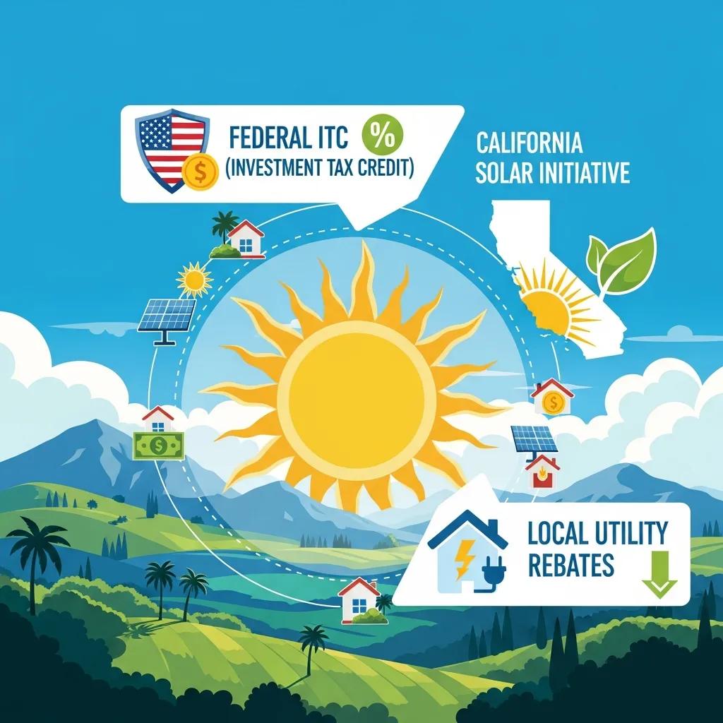 Visual representation of solar incentives in California, including Federal ITC and local rebates, set against a sunny landscape