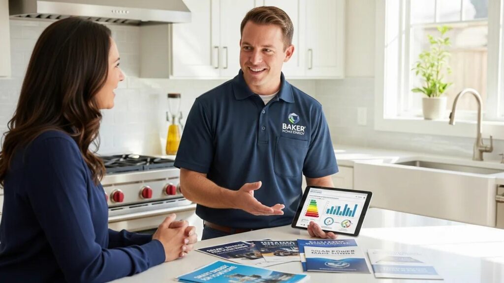 Baker Home Energy technician consulting with a homeowner about smart meter and solar integration services