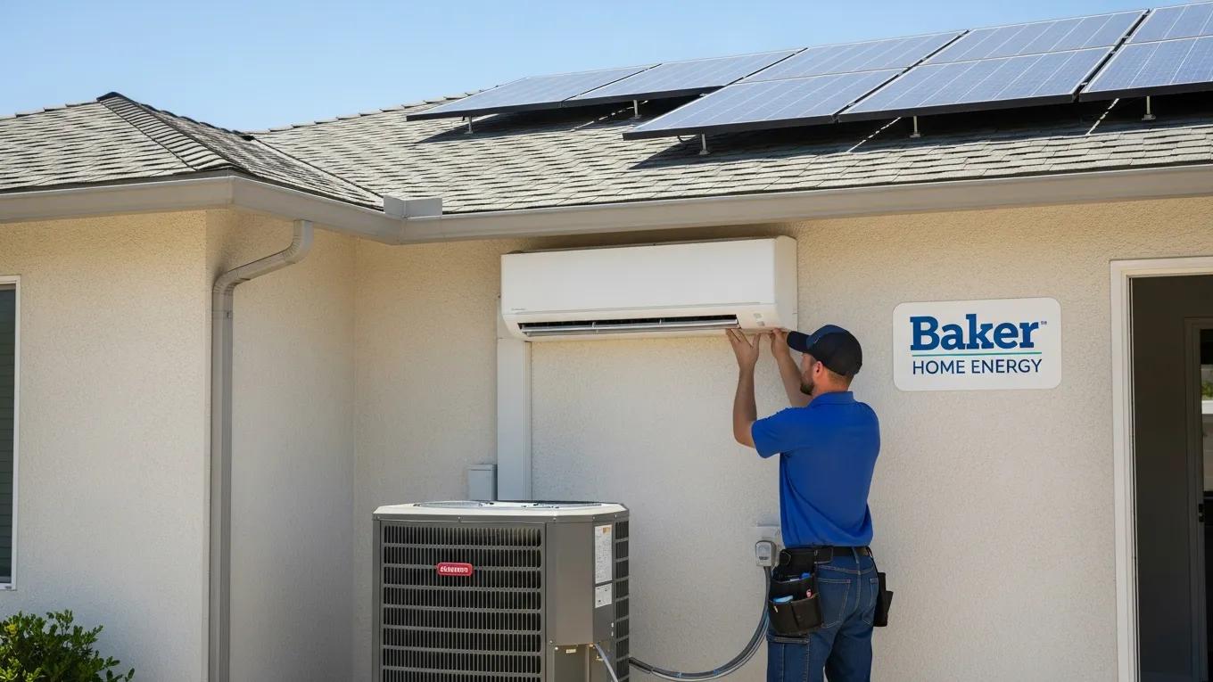 HVAC technician installing high-efficiency AC unit with solar panels in a San Diego home