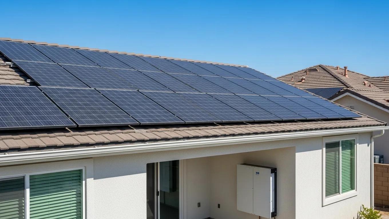 Modern home with solar panels and battery backup system in Southern California