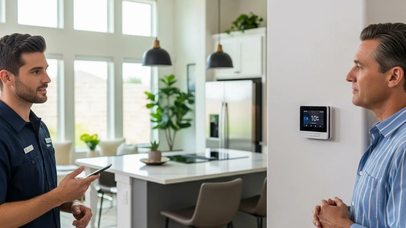 Technician installing a smart thermostat in a modern San Marcos home