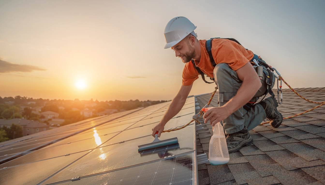 a Baker field technician cleaning solar panels on a residential roof.