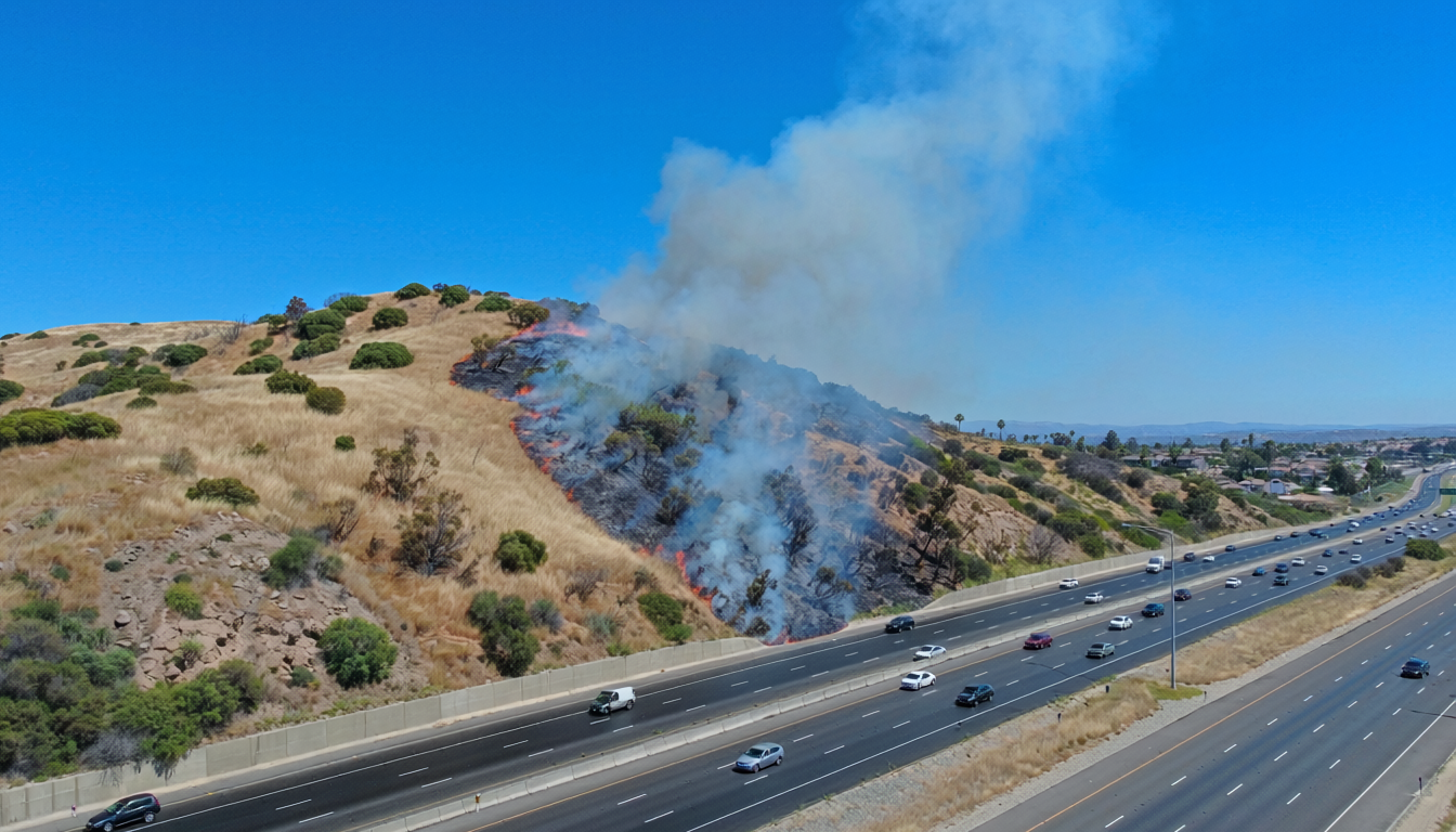 aerial drone photo of a vegetation fire starting on a hill next to a freeway in San Diego