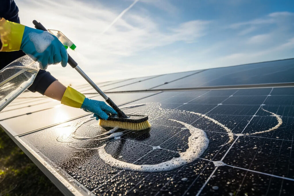 Technician using specialized equipment for safe solar panel cleaning