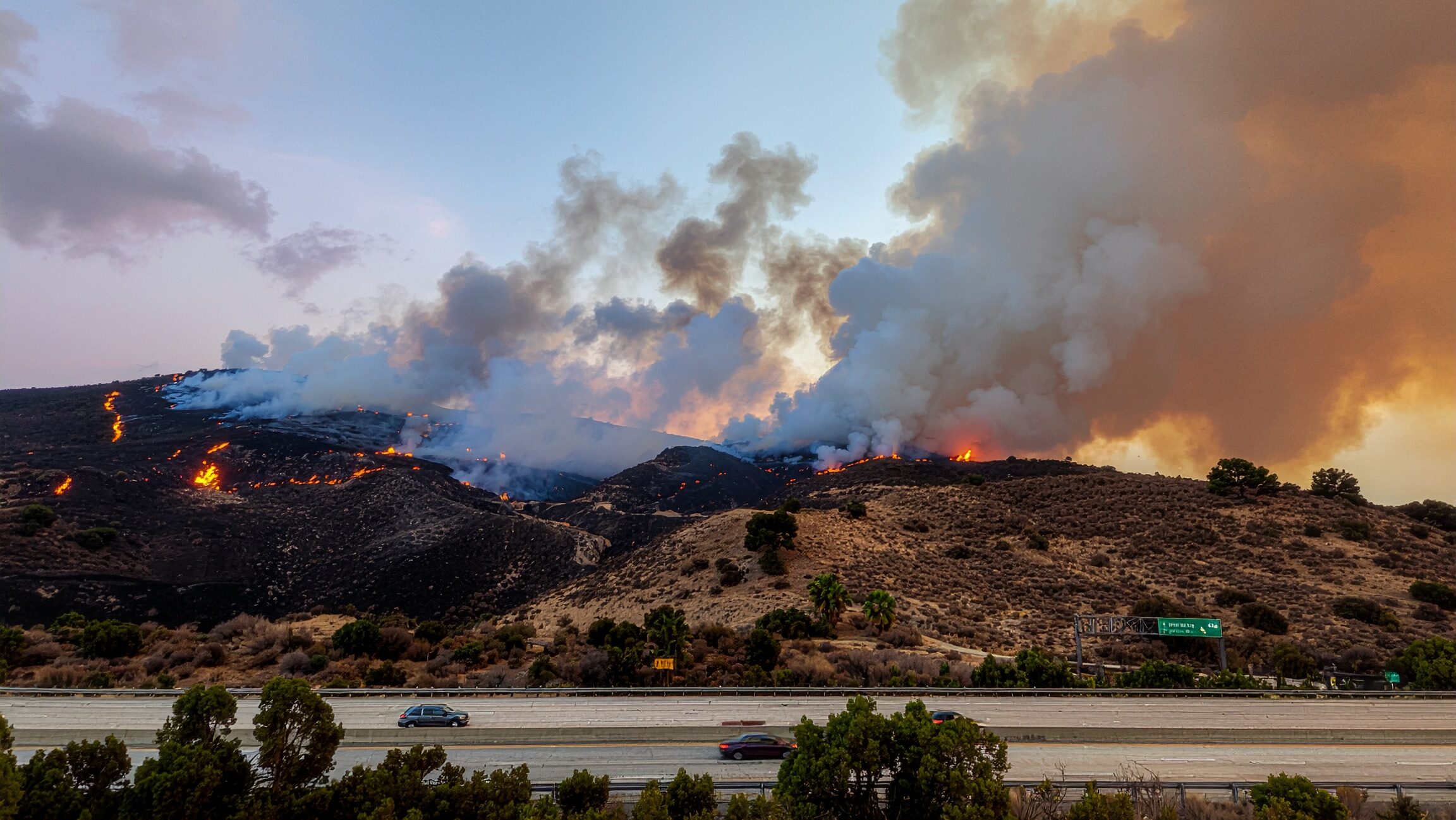 Wildfire starting on a hill off a freeway in San Diego